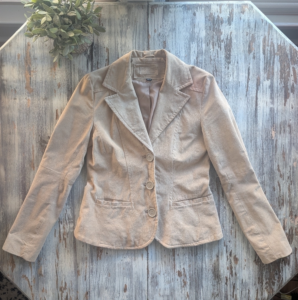 Y2K Suede Leather Tailored Blazer Beige XS - Picture 2 of 9